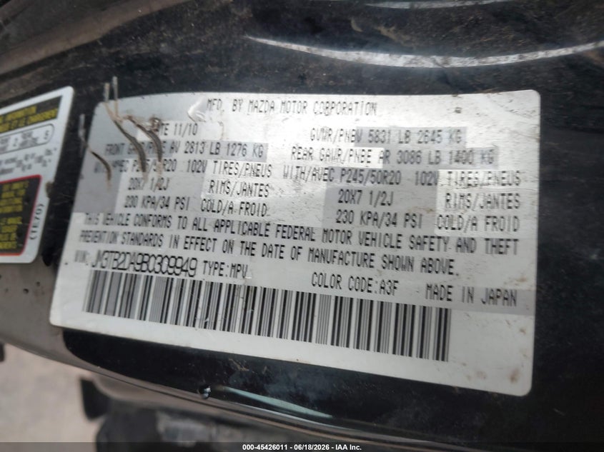 2011 Mazda Cx-9 VIN JM3TB2DA9B0309949 IAAI salvage auction — LEFT SIDE, Clear (Alabama), sold $225 on 2026-07-08 (photo 9)