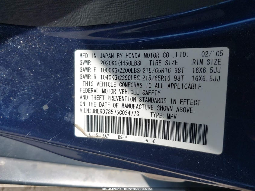 2005 Honda Cr-v VIN JHLRD78575C034773 IAAI salvage auction — NORMAL WEAR, Original (West Virginia), sold $1,350 on 2026-07-14 (photo 9)