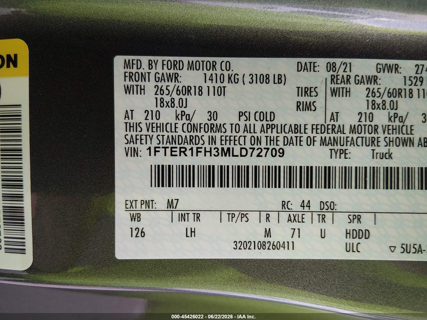 2021 Ford Ranger VIN 1FTER1FH3MLD72709 IAAI salvage auction — REAR END, Salvage Title, sold $6,200 on 2026-07-22 (photo 9)