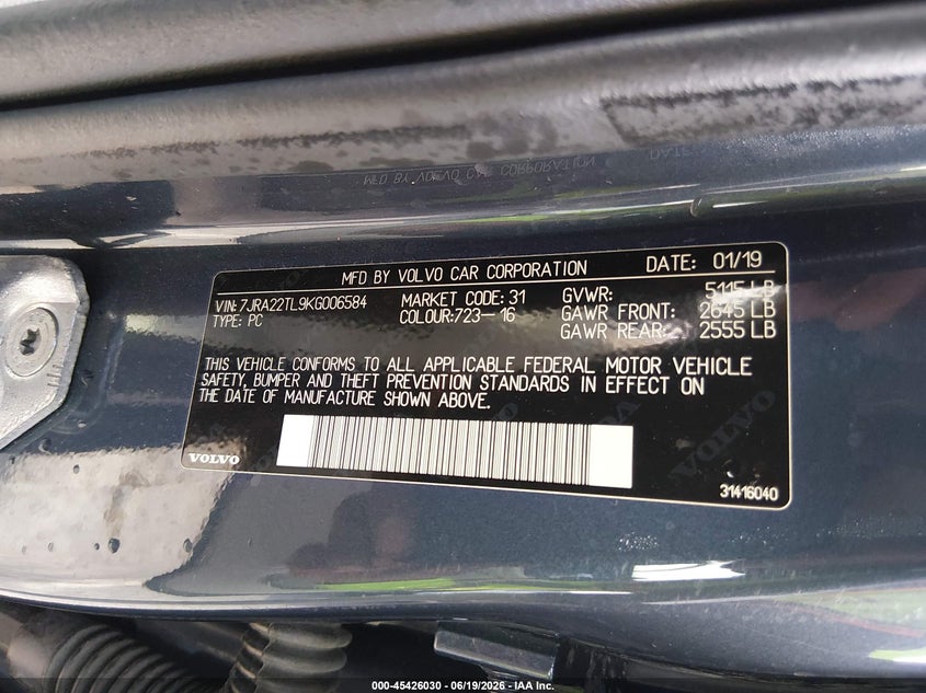 2019 Volvo S60 VIN 7JRA22TL9KG006584 IAAI salvage auction — FRESH WATER, Salvage (Missouri), sold $6,100 on 2026-07-17 (photo 9)