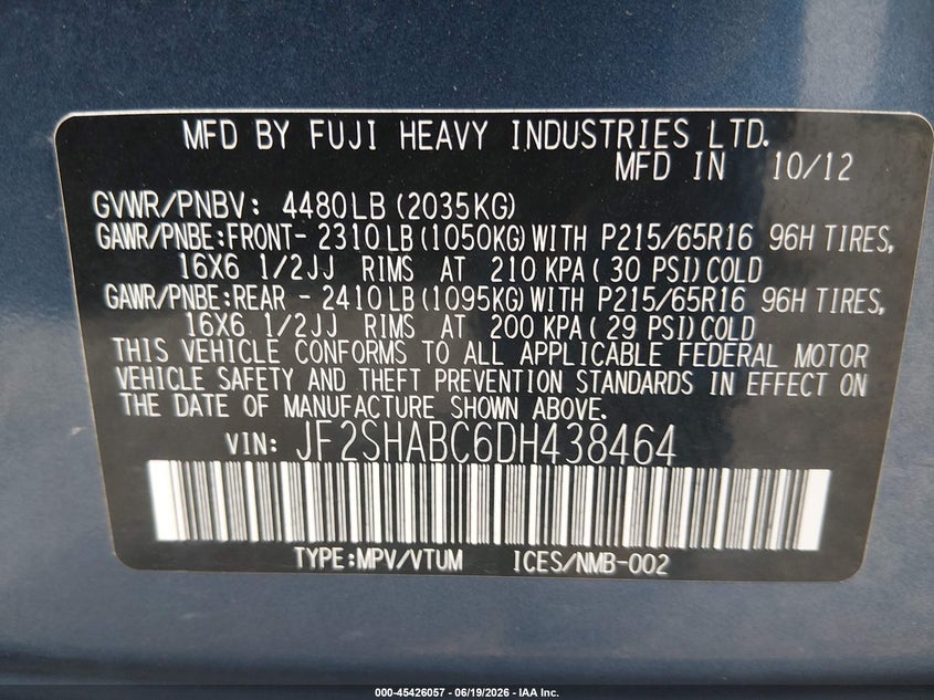 2013 Subaru Forester VIN JF2SHABC6DH438464 IAAI salvage auction — FRONT END, Salvage Title, sold $975 on 2026-07-20 (photo 9)