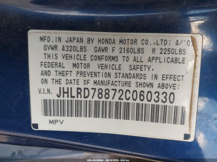 2002 Honda Cr-v VIN JHLRD78872C060330 IAAI salvage auction — FRONT END, Salvage (California), sold $500 on 2026-07-22 (photo 9)