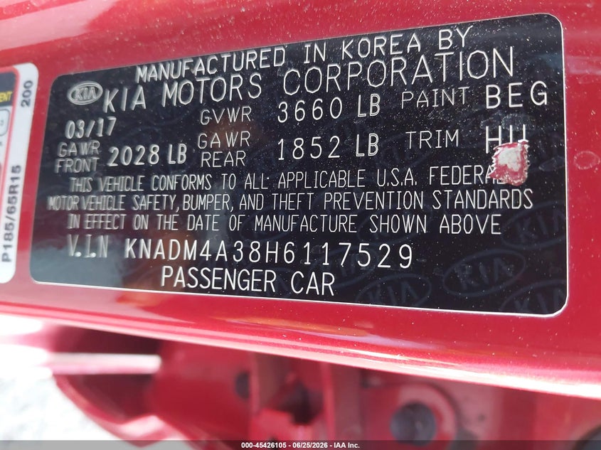 2017 Kia Rio VIN KNADM4A38H6117529 IAAI salvage auction — LEFT SIDE, Salvage Title, sold $975 on 2026-07-17 (photo 9)