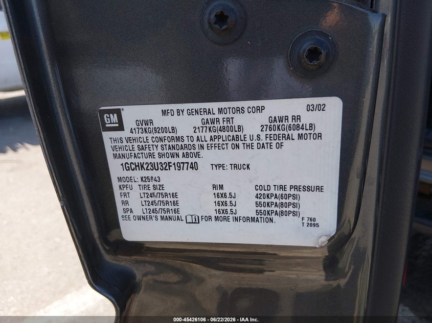 2002 Chevrolet Silverado 2500 VIN 1GCHK23U32F197740 IAAI salvage auction — THEFT, Salvage (California), sold $1,650 on 2026-07-09 (photo 9)