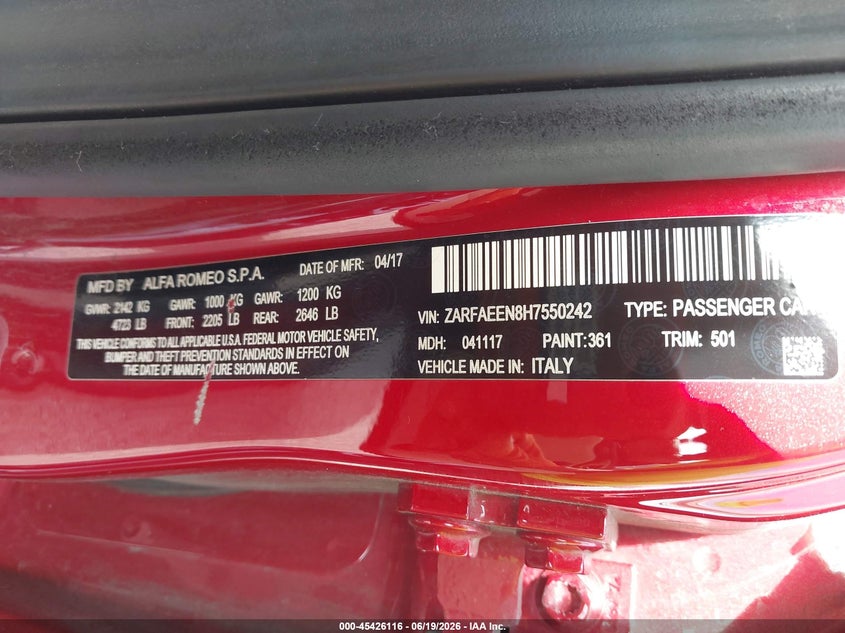 2017 Alfa romeo Giulia VIN ZARFAEEN8H7550242 IAAI salvage auction — NORMAL WEAR, Clear (Montana), sold $2,300 on 2026-07-30 (photo 9)