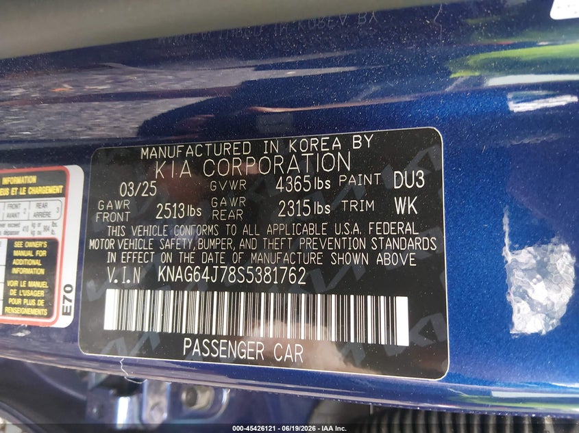 2025 Kia K5 VIN KNAG64J78S5381762 IAAI salvage auction — REAR END, Salvage Title, sold $25 on 2026-07-21 (photo 9)
