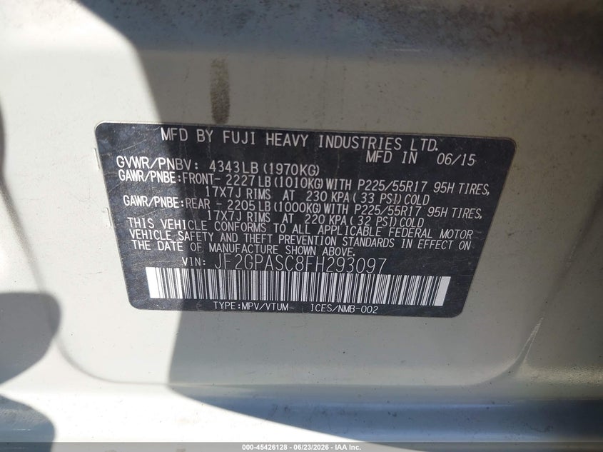 2015 Subaru Xv VIN JF2GPASC8FH293097 IAAI salvage auction — LEFT FRONT, Salvage (Pennsylvania), sold $1,400 on 2026-07-14 (photo 9)