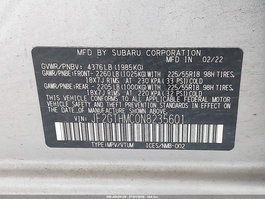 2022 Subaru VIN JF2GTHMC0N8235601 IAAI salvage auction — REAR END, Bill Of Sale (Washington), sold $5,700 on 2026-07-11 (photo 9)