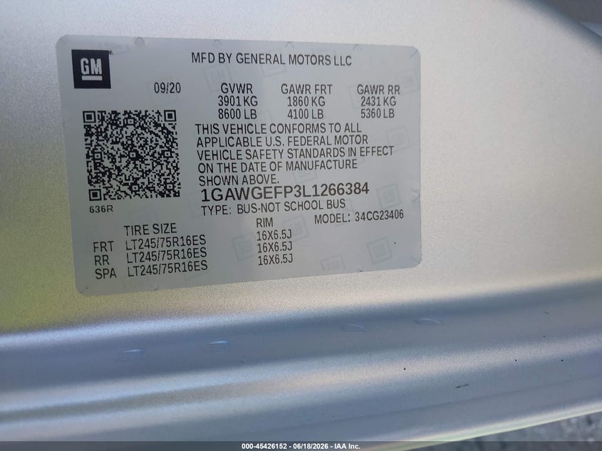 2020 Chevrolet Express 2500 VIN 1GAWGEFP3L1266384 IAAI salvage auction — NORMAL WEAR, Sf97 (New York), sold $8,225 on 2026-07-27 (photo 9)
