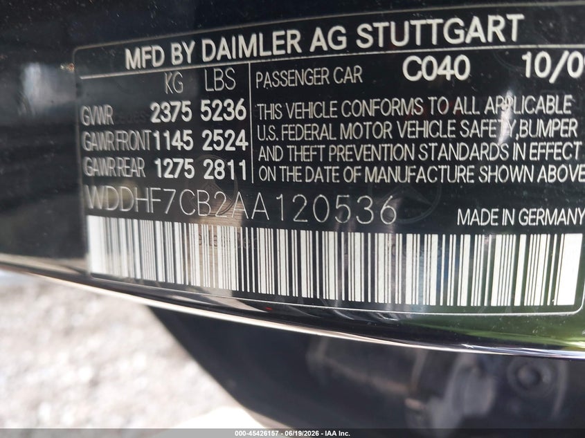 2010 Mercedes-benz E-klasse VIN WDDHF7CB2AA120536 IAAI salvage auction — FRONT END, Clear (Michigan), sold $2,700 on 2026-08-06 (photo 9)