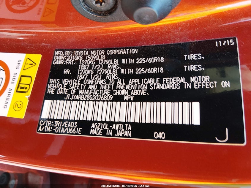 2016 Lexus Nx VIN JTJYARBZ8G2026809 IAAI salvage auction — FRONT END, Salvage (Texas), sold $3,700 on 2026-07-15 (photo 9)