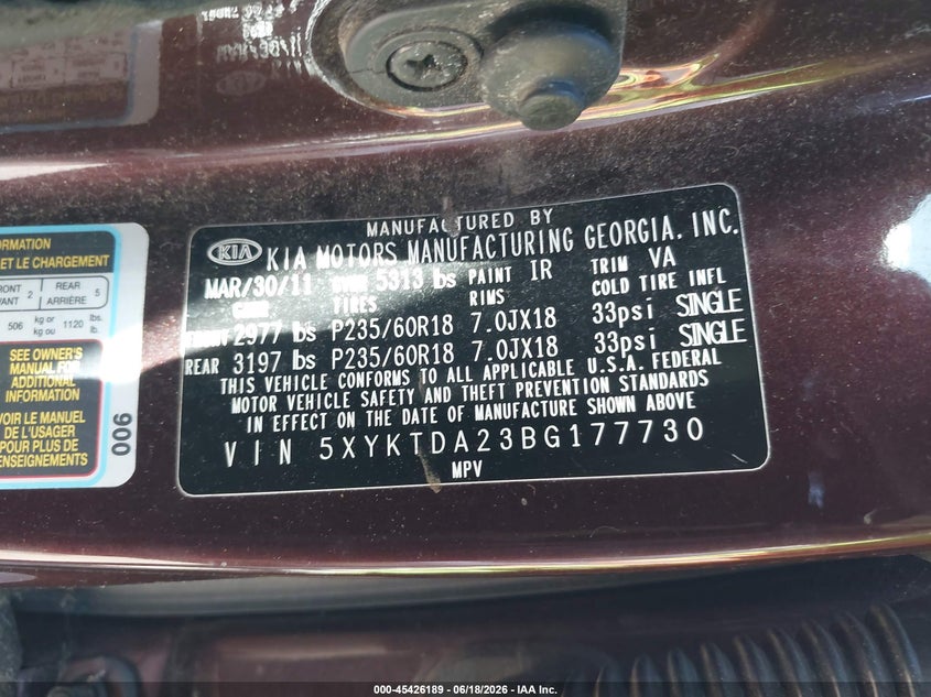 2011 Kia Sorento VIN 5XYKTDA23BG177730 IAAI salvage auction — NORMAL WEAR, Clear (Washington), sold $400 on 2026-07-29 (photo 9)