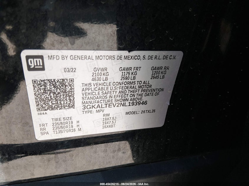 2022 Gmc Terrain VIN 3GKALTEV2NL193946 IAAI salvage auction — HAIL, Salvage Title, sold $7,800 on 2026-07-31 (photo 9)
