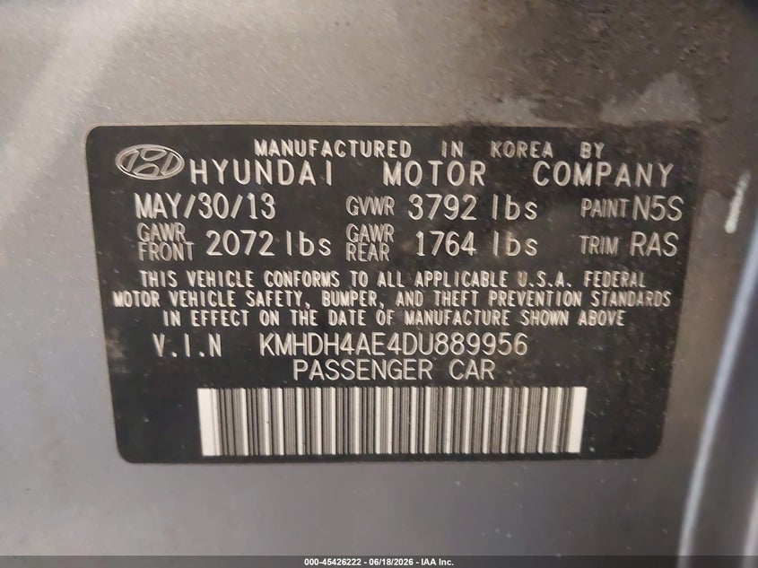 2013 Hyundai Elantra VIN KMHDH4AE4DU889956 IAAI salvage auction — FRONT END, Clear (Michigan), sold $900 on 2026-07-28 (photo 9)