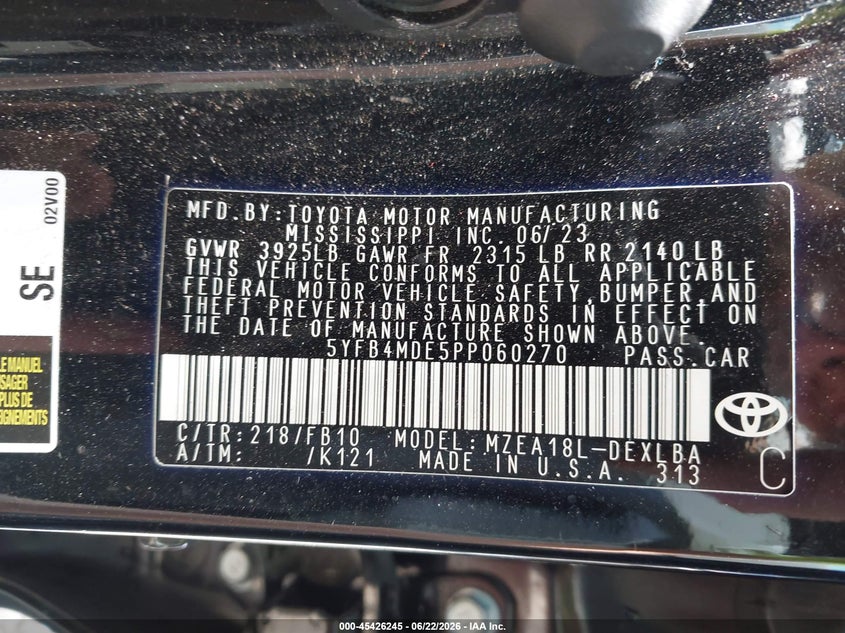 2023 Toyota Corolla VIN 5YFB4MDE5PP060270 IAAI salvage auction — SIDE, Salvage Title, sold $1,100 on 2026-07-28 (photo 9)