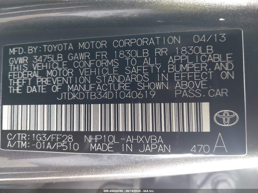 2013 Toyota Prius c VIN JTDKDTB34D1040619 IAAI salvage auction — RIGHT REAR, Salvage Title, sold $2,225 on 2026-07-20 (photo 9)