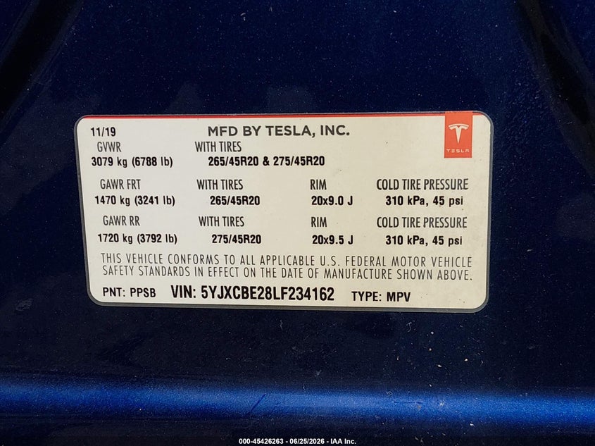 2020 Tesla Model x VIN 5YJXCBE28LF234162 IAAI salvage auction — REAR END, Salvage - 75% Or Less (Maryland), sold $15,300 on 2026-07-09 (photo 9)