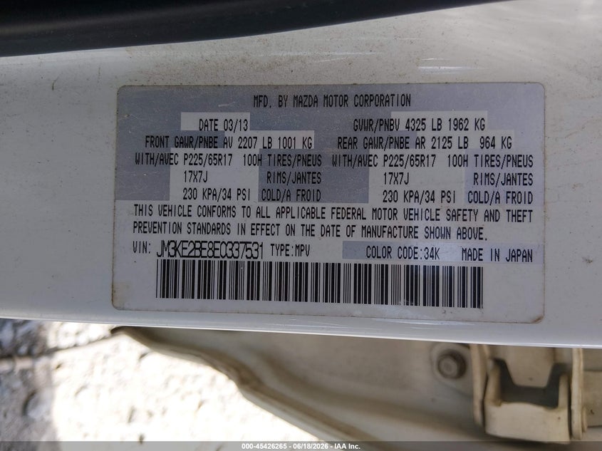 2014 Mazda Cx-5 VIN JM3KE2BE8E0337531 IAAI salvage auction — LEFT SIDE, Clear (Arkansas), sold $600 on 2026-07-29 (photo 9)