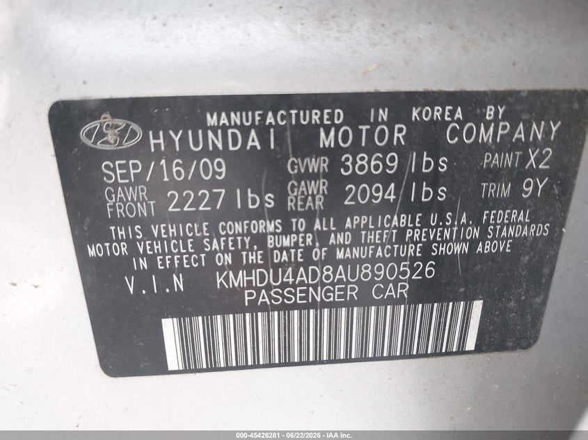 2010 Hyundai Elantra VIN KMHDU4AD8AU890526 IAAI salvage auction — FRONT & REAR, Salvage (Texas), sold $25 on 2026-07-28 (photo 9)