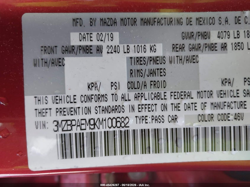 2019 Mazda 3 VIN 3MZBPAEM9KM100682 IAAI salvage auction — FRONT END, Salvage (North Carolina), sold $2,500 on 2026-07-22 (photo 9)