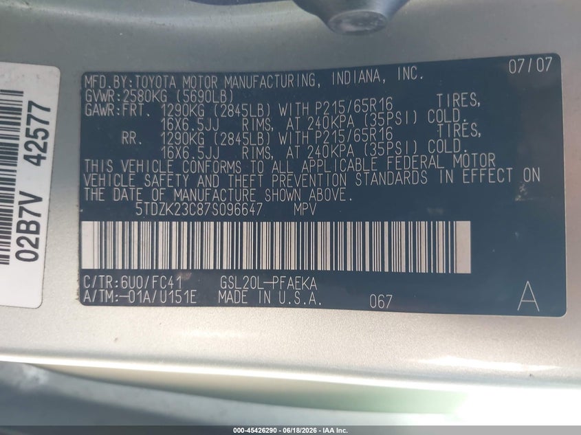 2007 Toyota Sienna VIN 5TDZK23C87S096647 IAAI salvage auction — NORMAL WEAR, Original (Ohio), sold $550 on 2026-08-21 (photo 9)