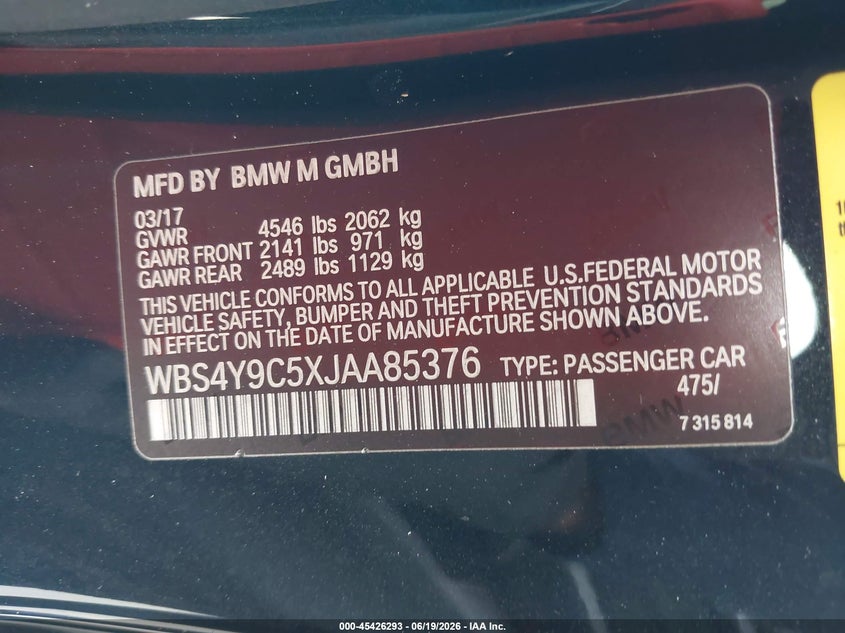 2018 BMW M4 VIN WBS4Y9C5XJAA85376 IAAI salvage auction — WATER/FLOOD, Rebuildable (Florida), sold $15,500 on 2026-07-30 (photo 9)