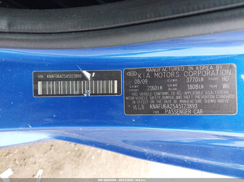 2010 Kia Forte VIN KNAFU6A25A5123893 IAAI salvage auction — REAR END, Mv-907A (New York), sold $450 on 2026-07-07 (photo 9)