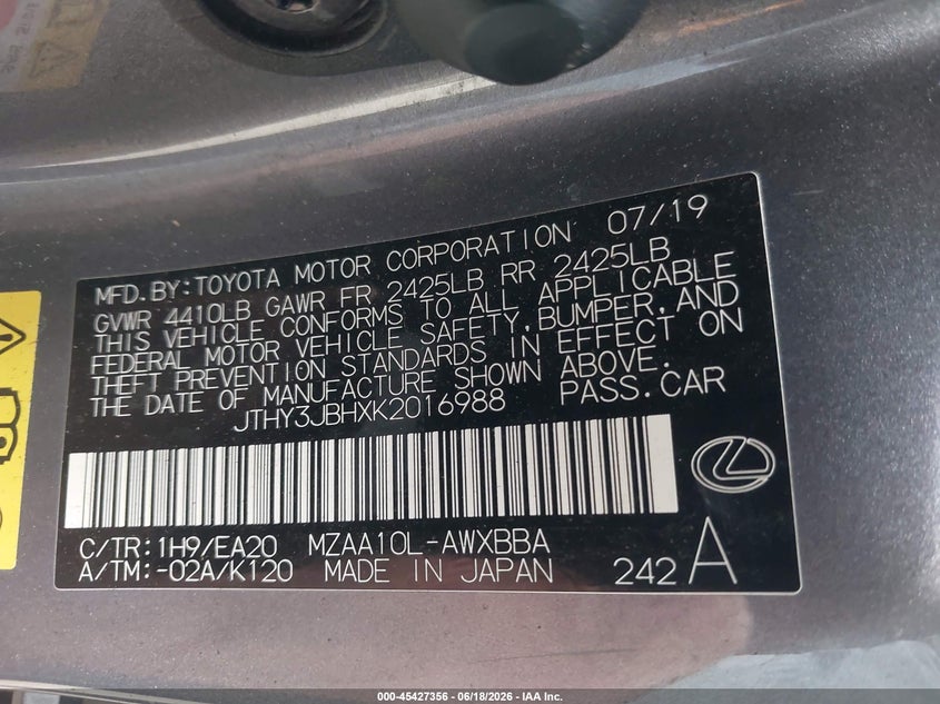 2019 Lexus Ux VIN JTHY3JBHXK2016988 IAAI salvage auction — ENGINE BURN, Salvage Title, sold $175 on 2026-07-15 (photo 9)
