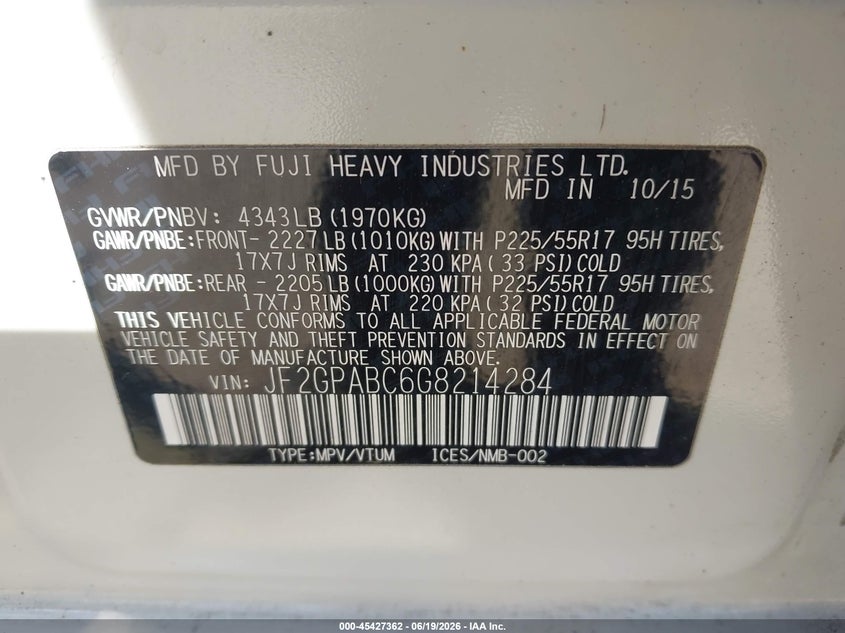 2016 Subaru Xv VIN JF2GPABC6G8214284 IAAI salvage auction — FRONT END, Salvage Title, sold $3,050 on 2026-07-23 (photo 9)