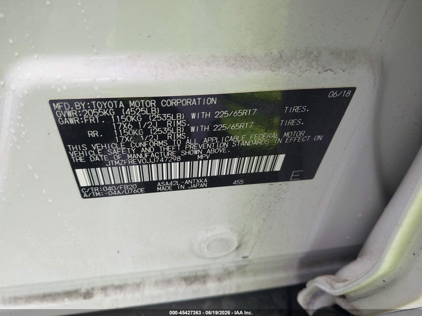 2018 Toyota Rav 4 VIN JTMZFREV0JJ747298 IAAI salvage auction — FRONT END, Salvage (North Carolina), sold $4,000 on 2026-07-15 (photo 9)