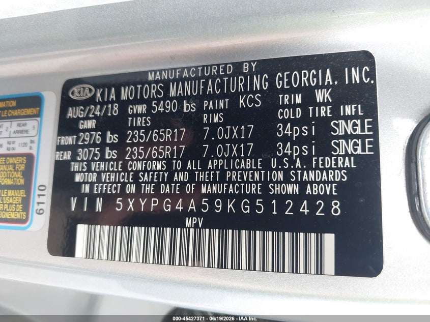 2019 Kia Sorento VIN 5XYPG4A59KG512428 IAAI salvage auction — FRONT END, Clear (Virginia), sold $2,000 on 2026-08-02 (photo 9)