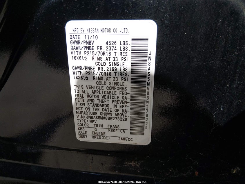 2011 Nissan Rogue sport VIN JN8AS5MV8BW278229 IAAI salvage auction — NORMAL WEAR, Original (New Hampshire), sold $325 on 2026-07-15 (photo 9)