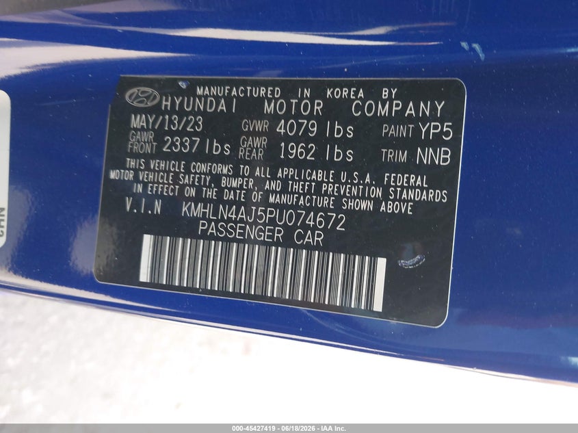 2023 Hyundai Elantra VIN KMHLN4AJ5PU074672 IAAI salvage auction — LEFT SIDE, Salvage (California), sold $6,300 on 2026-07-29 (photo 9)