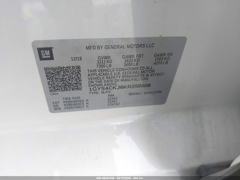 2019 Cadillac Escalade VIN 1GYS4CKJ6KR259508 IAAI salvage auction — FRONT END, Salvage Title, sold $10,100 on 2026-07-29 (photo 9)
