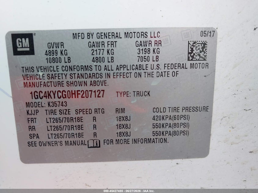 2017 Chevrolet Silverado VIN 1GC4KYCG0HF207127 IAAI salvage auction — NORMAL WEAR, Sf97 (Washington), sold $5,100 on 2026-07-29 (photo 9)
