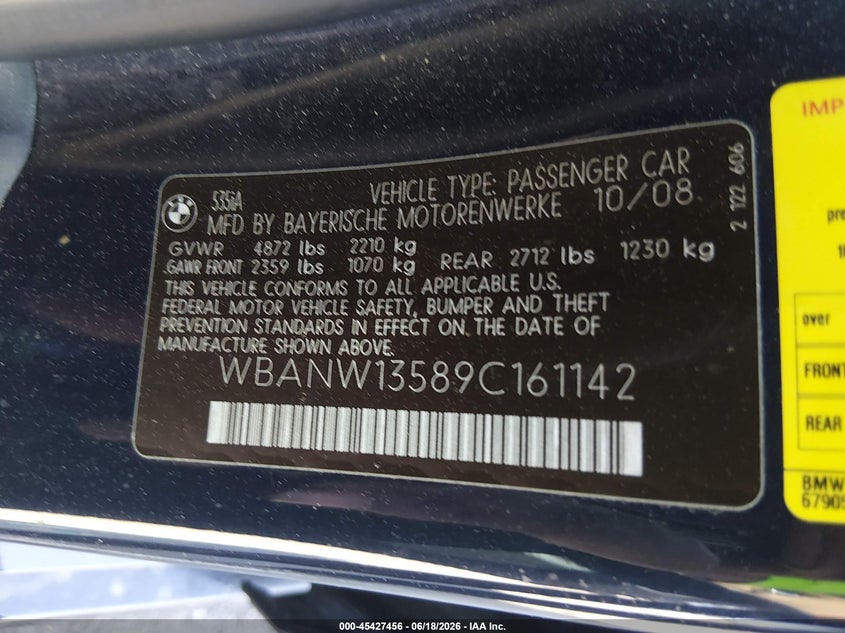 2009 BMW 5 series VIN WBANW13589C161142 IAAI salvage auction — LEFT FRONT, Salvage (Arizona), sold $650 on 2026-07-09 (photo 9)