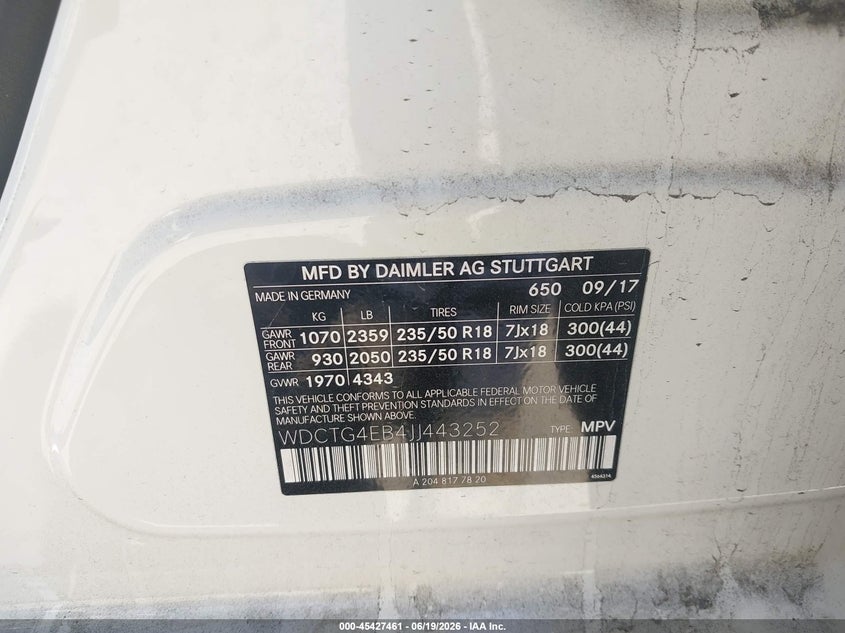 2018 Mercedes-benz Gla-klasse VIN WDCTG4EB4JJ443252 IAAI salvage auction — RIGHT FRONT, Salvage (California), sold $5,850 on 2026-07-27 (photo 9)