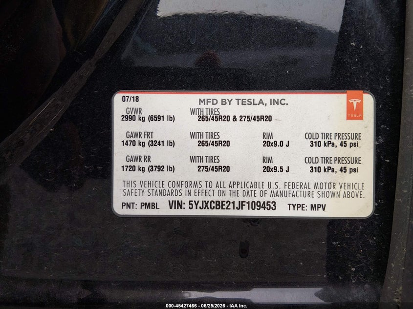 2018 Tesla Model x VIN 5YJXCBE21JF109453 IAAI salvage auction — REAR END, Bill Of Sale (Washington), sold $9,000 on 2026-07-08 (photo 9)