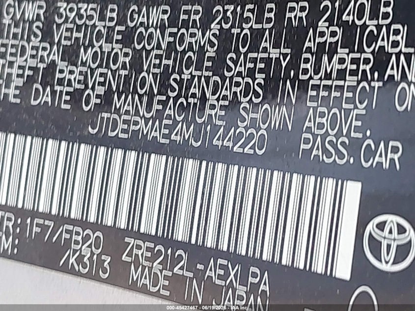 2021 Toyota Corolla VIN JTDEPMAE4MJ144220 IAAI salvage auction — FRONT END, Salvage (Texas), sold $3,450 on 2026-07-10 (photo 9)