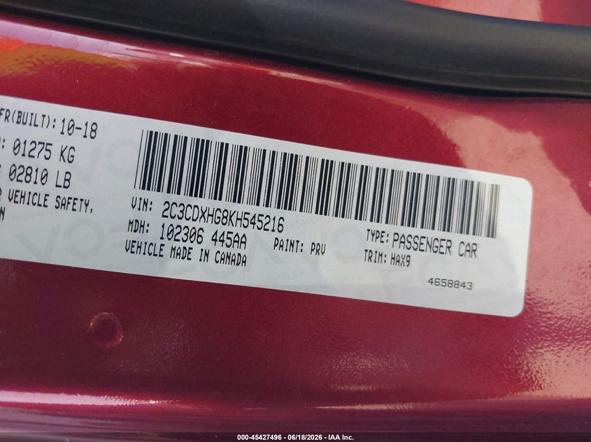 2019 Dodge Charger VIN 2C3CDXHG8KH545216 IAAI salvage auction — LEFT FRONT, Salvage Title, sold $2,700 on 2026-08-24 (photo 9)
