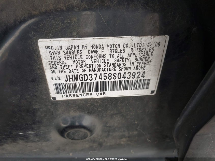 2008 Honda Fit VIN JHMGD37458S043924 IAAI salvage auction — LEFT REAR, Salvage (California), sold $700 on 2026-07-09 (photo 9)