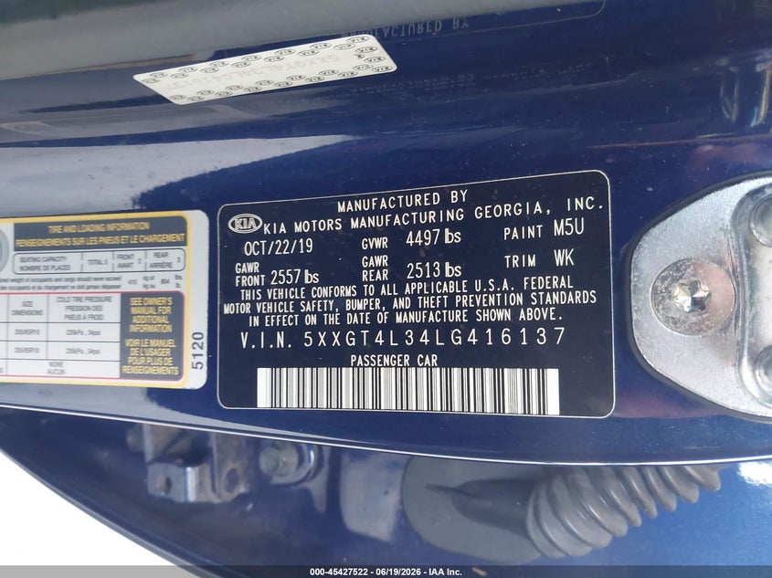 2020 Kia Optima VIN 5XXGT4L34LG416137 IAAI salvage auction — NORMAL WEAR, Clear (Florida), sold $3,450 on 2026-07-21 (photo 9)