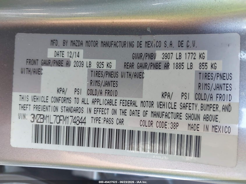 2015 Mazda VIN 3MZBM1L70FM174844 IAAI salvage auction — REAR END, Salvage Title, sold $1,600 on 2026-07-29 (photo 9)