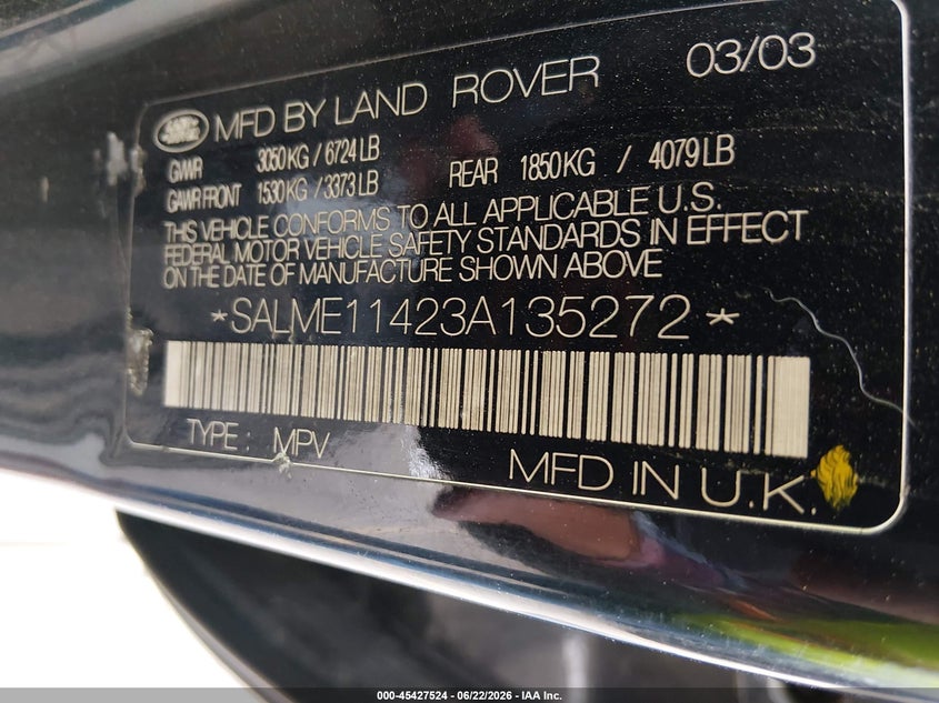 2003 Land rover RANGE ROVER VIN SALME11423A135272 IAAI salvage auction — NORMAL WEAR, Clear (Colorado), sold $500 on 2026-07-14 (photo 9)