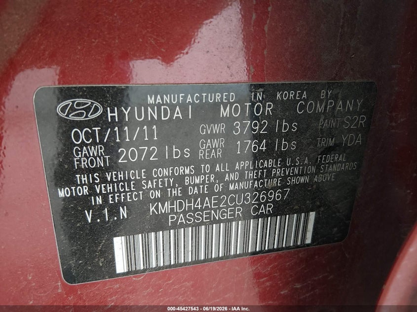 2012 Hyundai Elantra VIN KMHDH4AE2CU326967 IAAI salvage auction — FRONT END, Bill Of Sale (Washington), sold $600 on 2026-07-15 (photo 9)