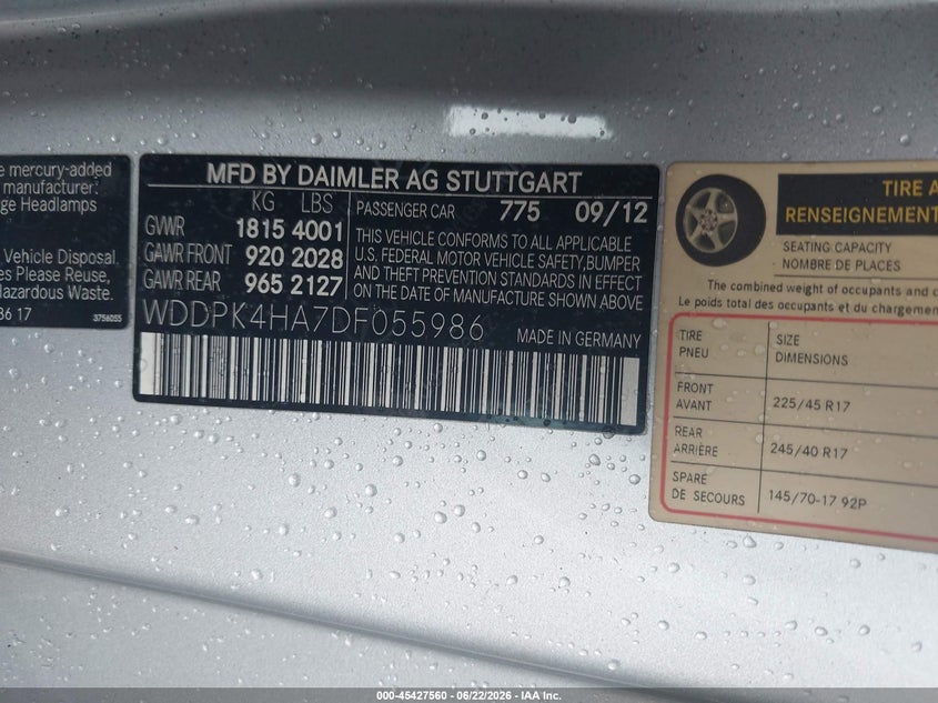 2013 Mercedes-benz VIN WDDPK4HA7DF055986 IAAI salvage auction — FRONT END, Salvage (Hawaii), sold $500 on 2026-07-28 (photo 9)
