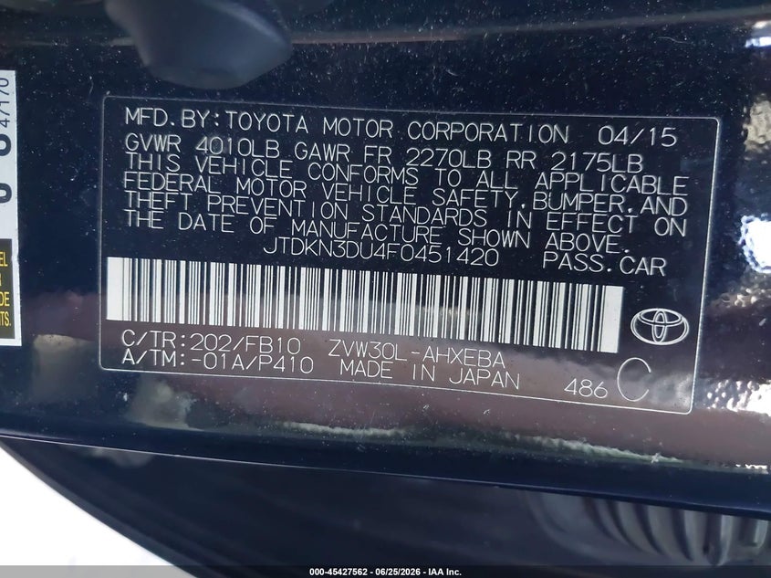 2015 Toyota Prius VIN JTDKN3DU4F0451420 IAAI salvage auction — SIDE, Salvage Certificate (California), sold $950 on 2026-07-08 (photo 9)