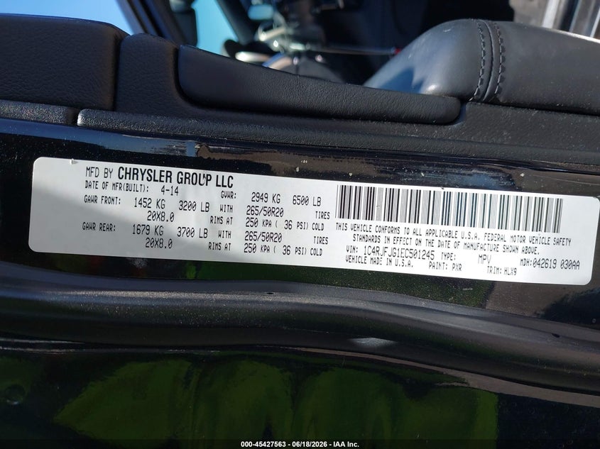 2014 Jeep Grand cherokee VIN 1C4RJFJG1EC501245 IAAI salvage auction — FRONT END, Salvage Title, sold $3,400 on 2026-08-01 (photo 9)
