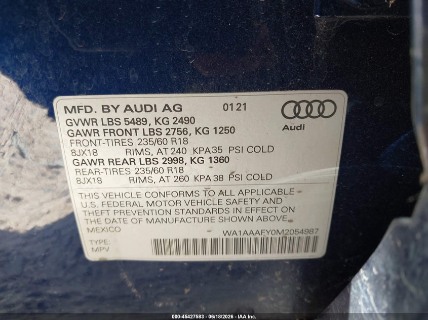 2021 Audi Q5 VIN WA1AAAFY0M2054987 IAAI salvage auction — FRONT & REAR, Salvage (Idaho), sold $2,075 on 2026-07-20 (photo 9)