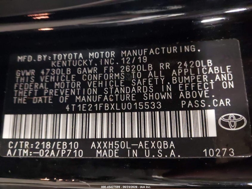 2020 Toyota Avalon VIN 4T1E21FBXLU015533 IAAI salvage auction — REAR END, Salvage (Oregon), sold $11,800 on 2026-08-20 (photo 9)